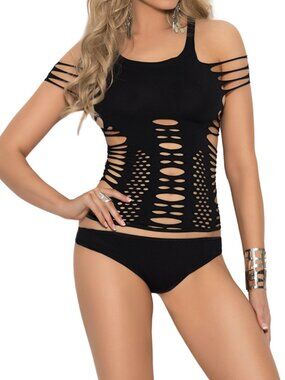 Black Cutout Cami Set Strappy Lingerie Two Piece Thong